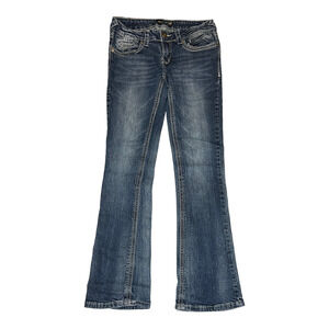 Royal Blue Womens Boot Cut Jeans Sz 7 x 30 Dark Blue Denim Whiskers Embroidered
